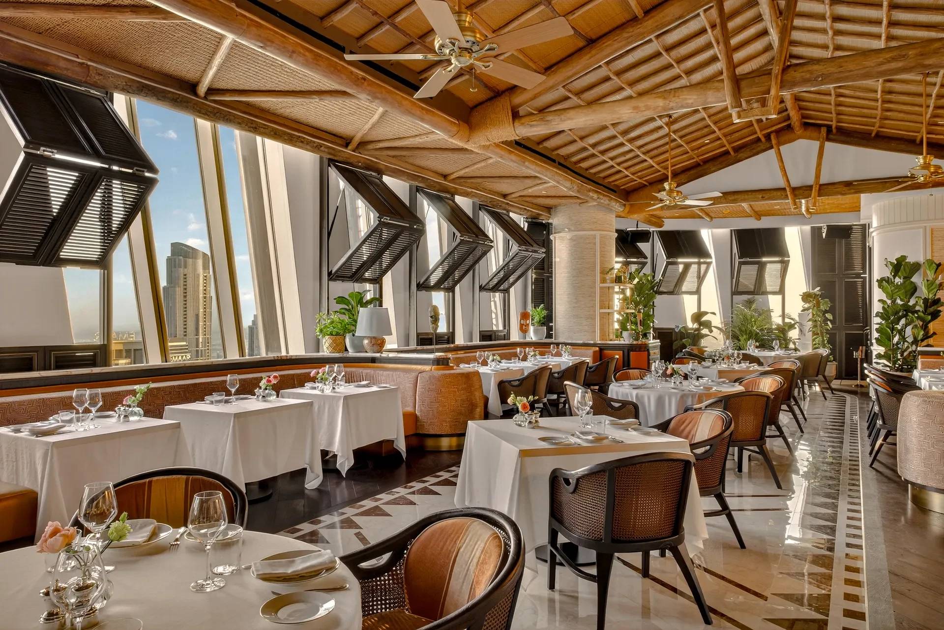 Elegant dining area at Lion in the Sun Dubai venue.