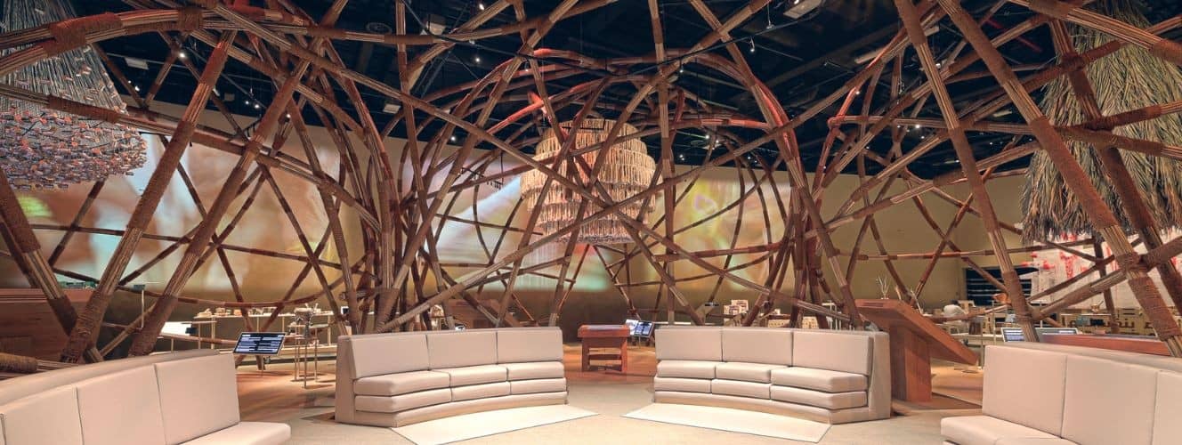 House of Artisans interior with woven wooden structures, Dubai venue.