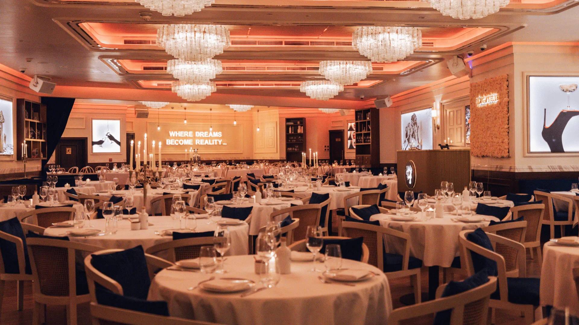 Elegant dining setup at Bagatelle Dubai for events and conferences.