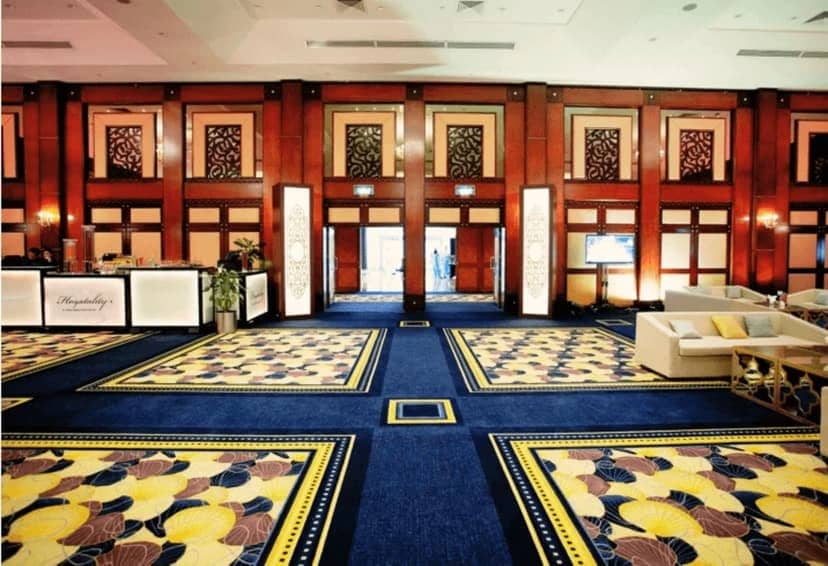 Elegant interior of Dubai World Trade Centre with patterned carpets.