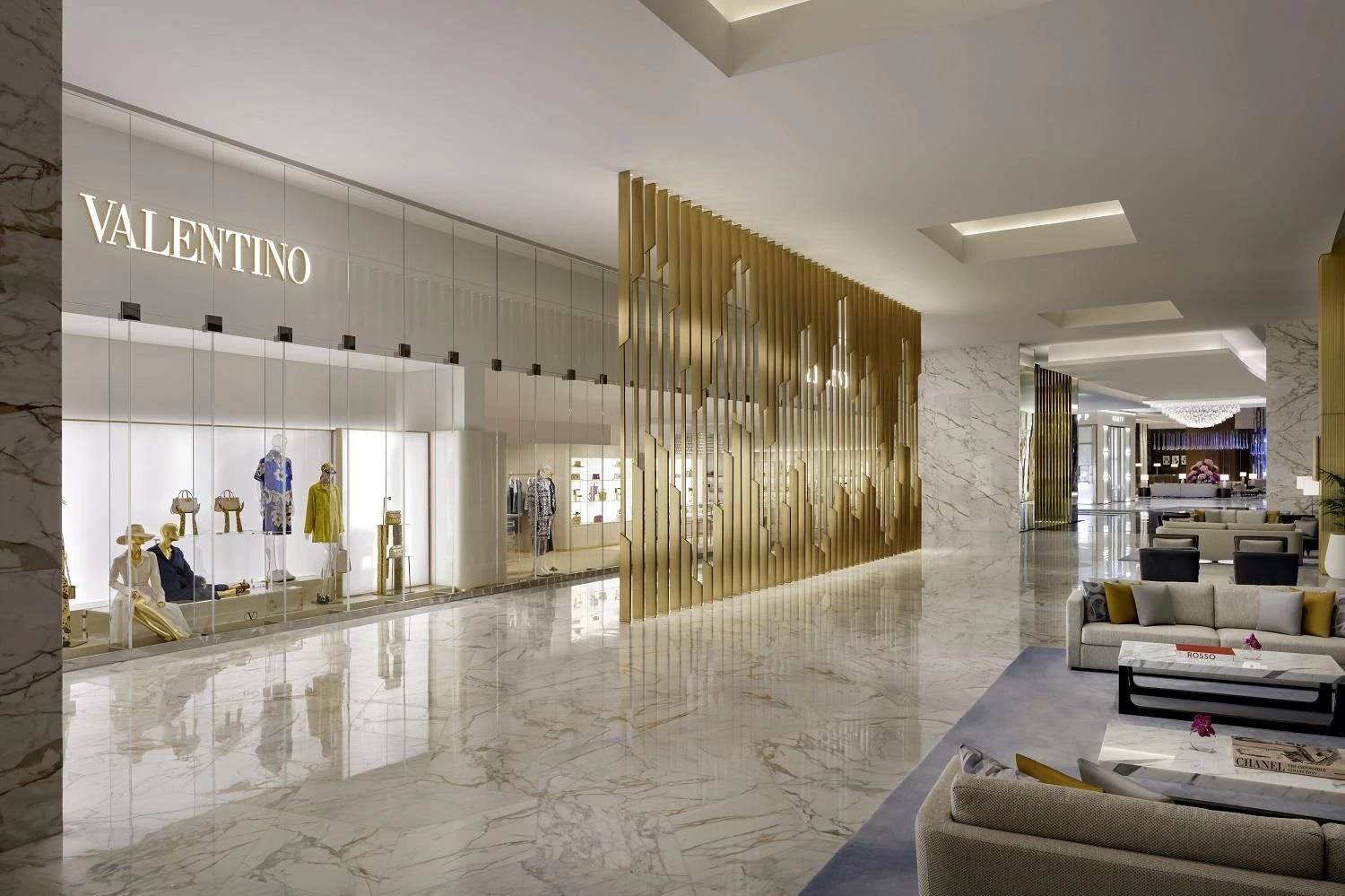 Luxurious lobby at Atlantis The Royal, Dubai with marble floors.