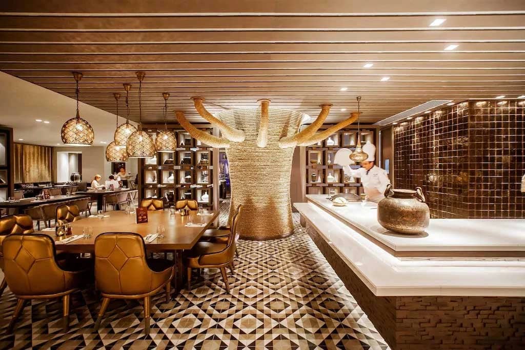 Artistic dining space with unique decor at Radisson Blu, Dubai.