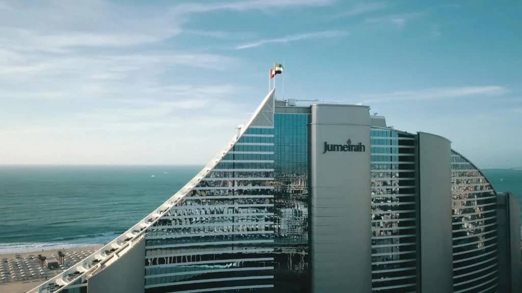 Jumeirah Beach Hotel overlooking the ocean in Dubai.