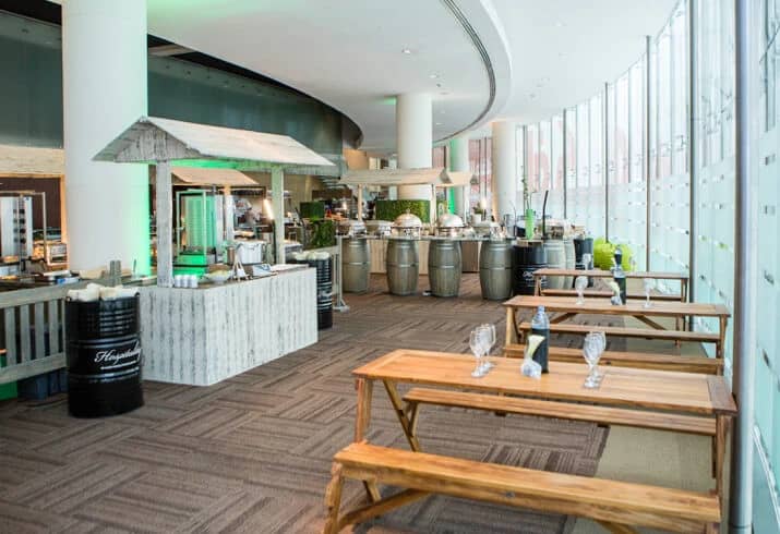 Rustic dining setup at Dubai World Trade Centre event space.