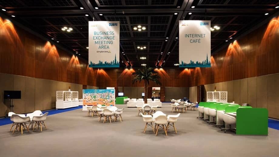 Spacious meeting area at Dubai World Trade Centre with seating arrangements.