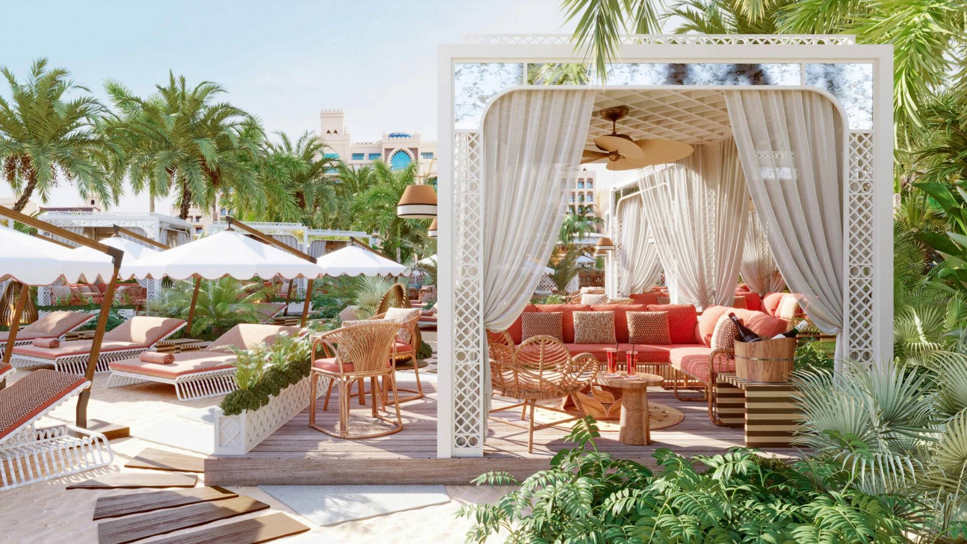 Maison de La Plage outdoor lounge with palm trees, Dubai.