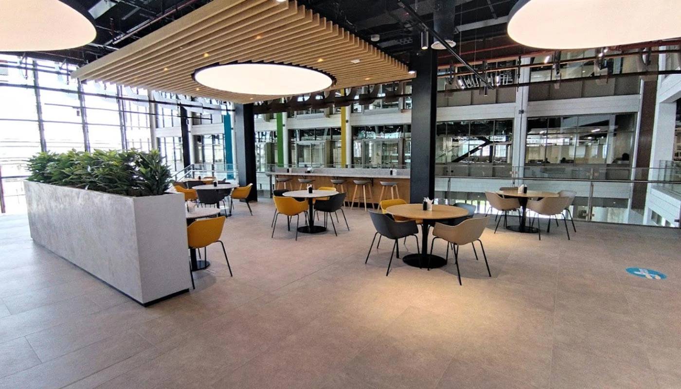 Modern seating area at University of Birmingham Dubai campus.