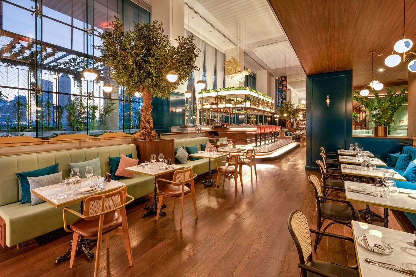 Elegant interior of Couqley French Brasserie Downtown, Dubai.