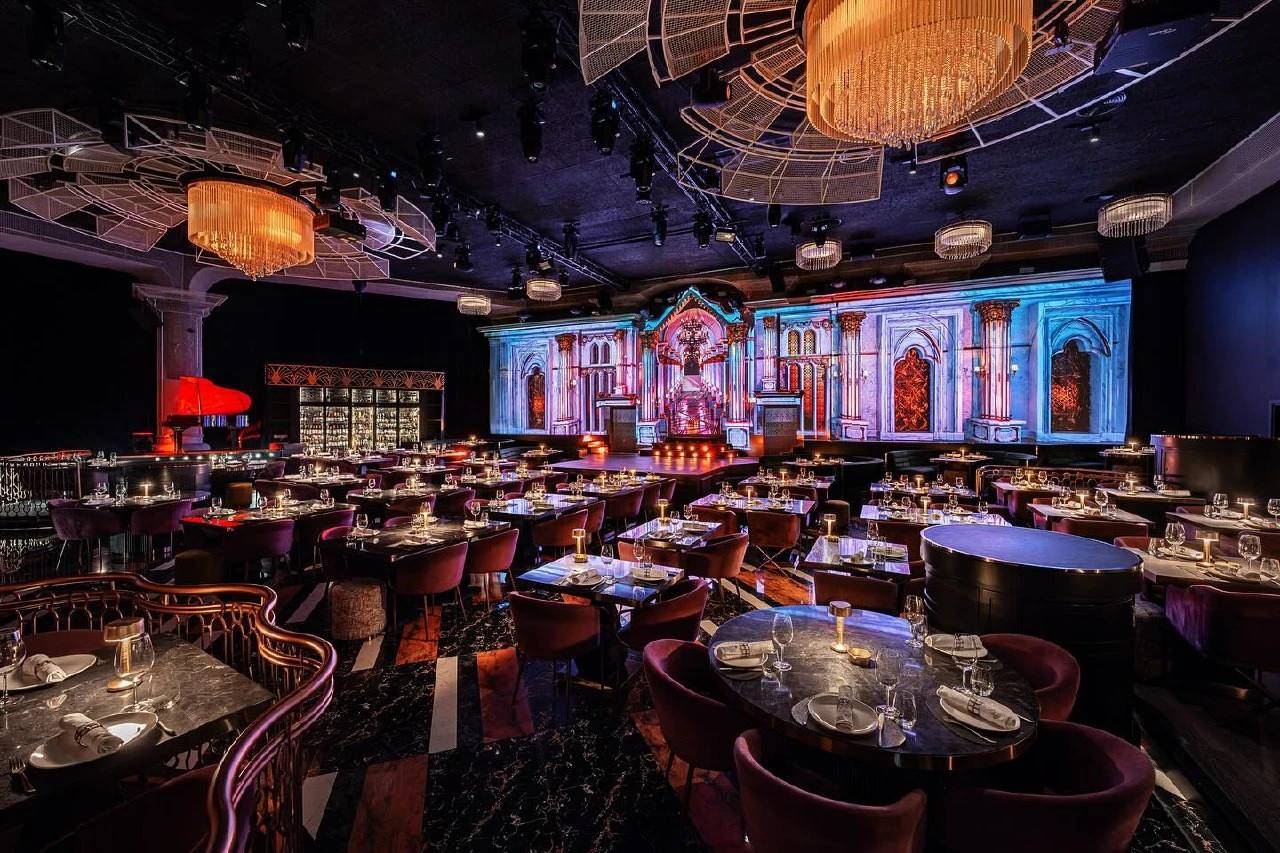 Luxurious dining area with stage at DREAM Dubai, Dubai.