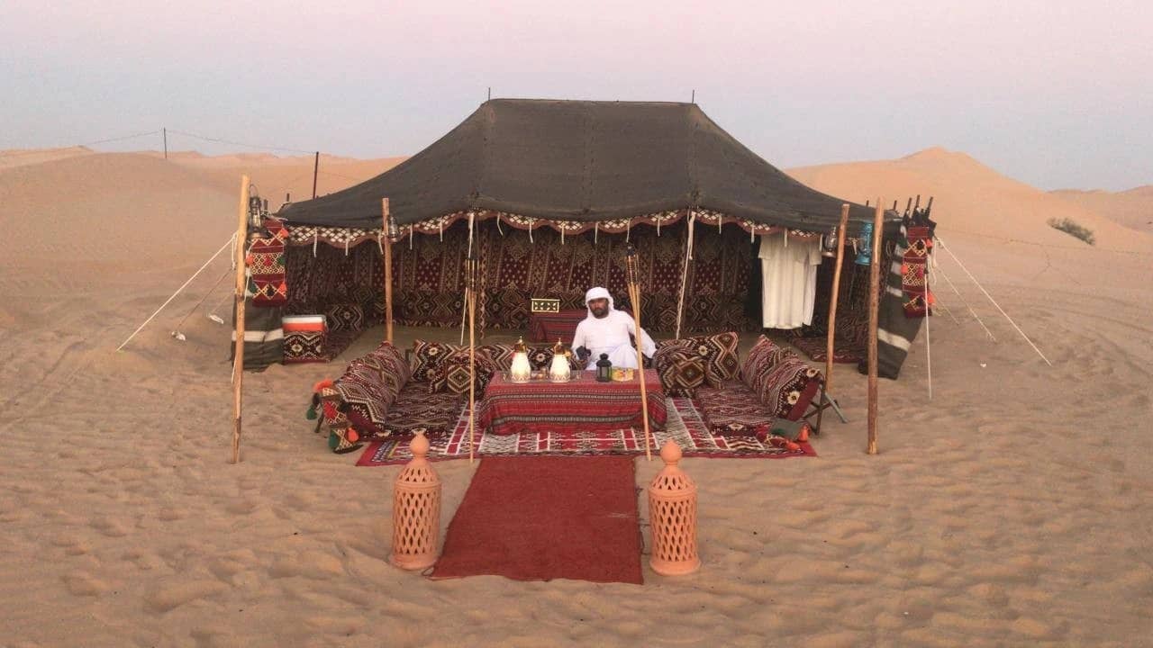 Traditional tent setup at Al Khatim Desert Safari, Abu Dhabi.