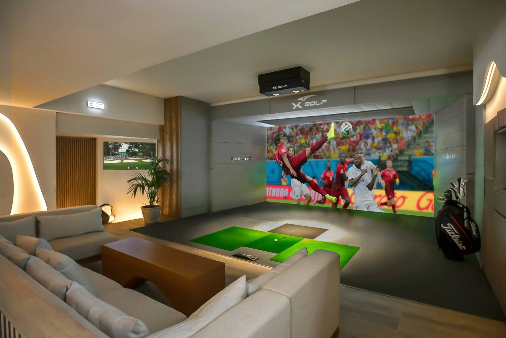 Bedrock Pier 7 Dubai, sports lounge with large screen and seating.