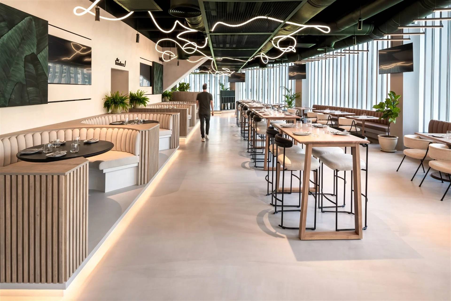 Modern interior of Bedrock Pier 7 restaurant in Dubai Marina.