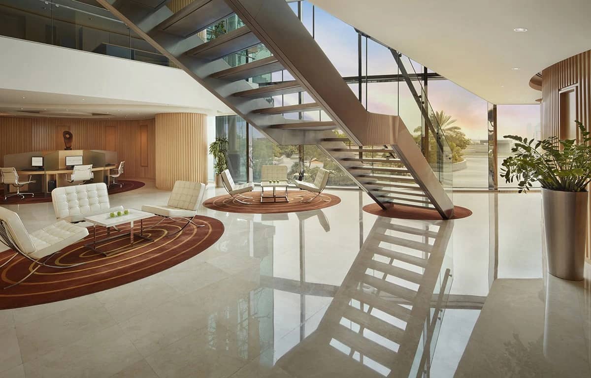 Modern business center lobby at The Meydan Hotel, Dubai.