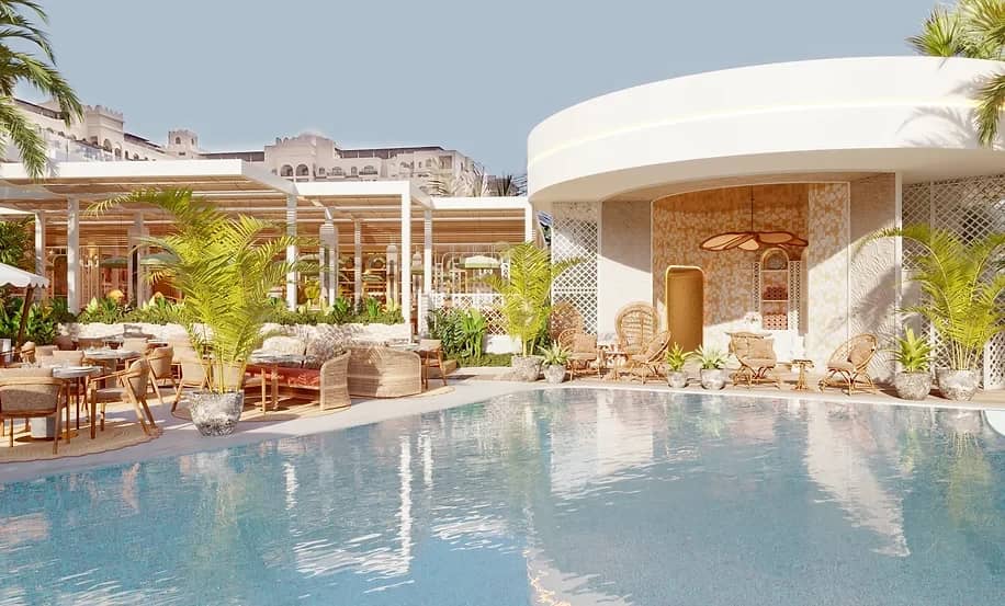 Maison de La Plage poolside venue with seating, Dubai.