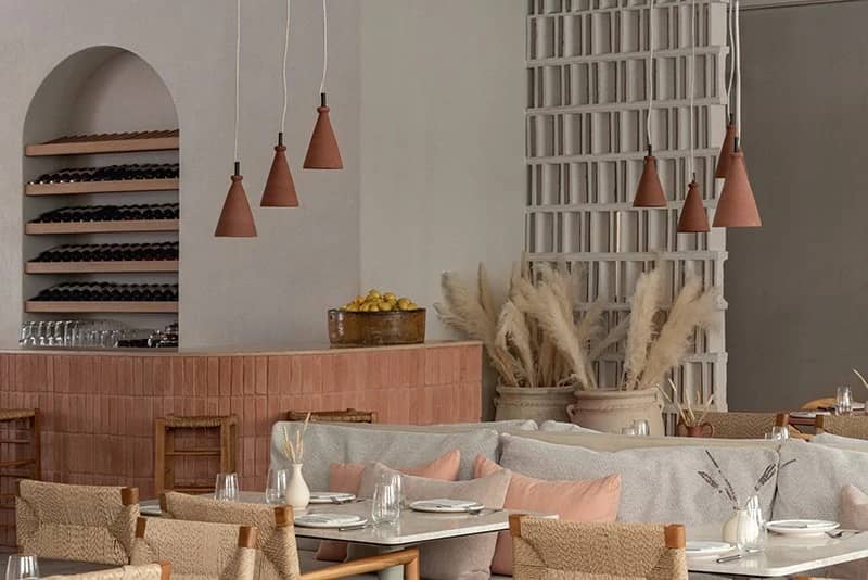 Cozy interior of Mythos Urban Greek Eatery in Dubai.