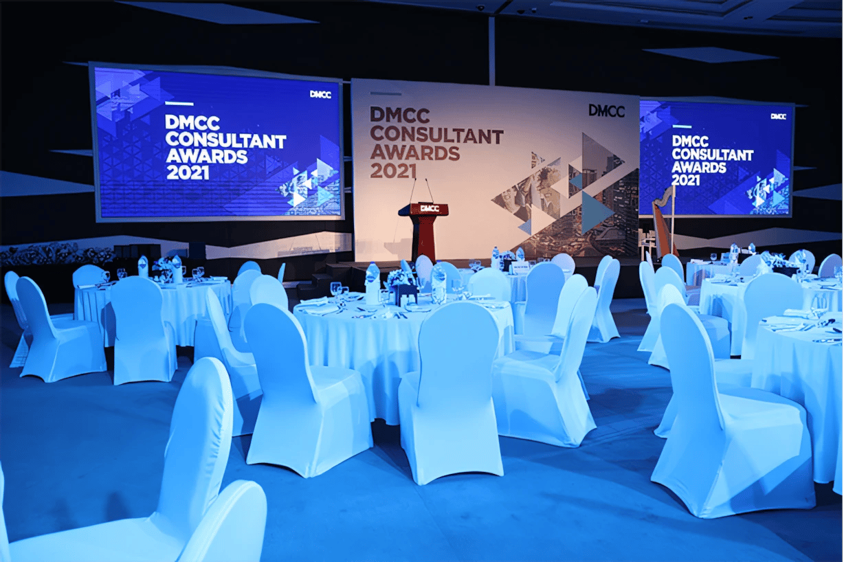 Almas Conference Centre Dubai, DMCC Consultant Awards setup, round tables.