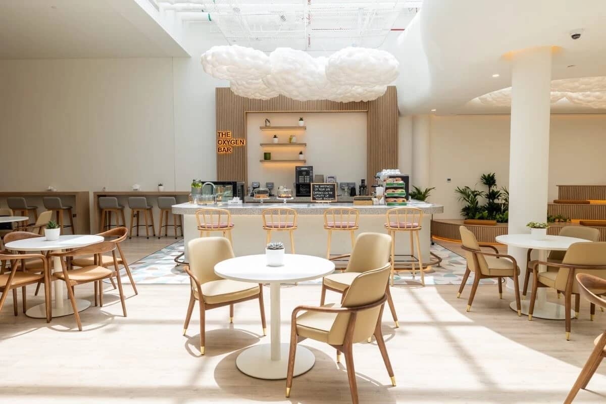 Modern cafe interior at Cloud Spaces Circle Mall Dubai.