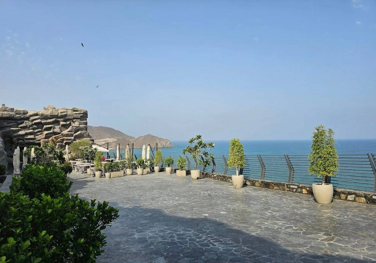 Terrace view at Habib Beirut Restaurant Khorfakkan, overlooking the sea.