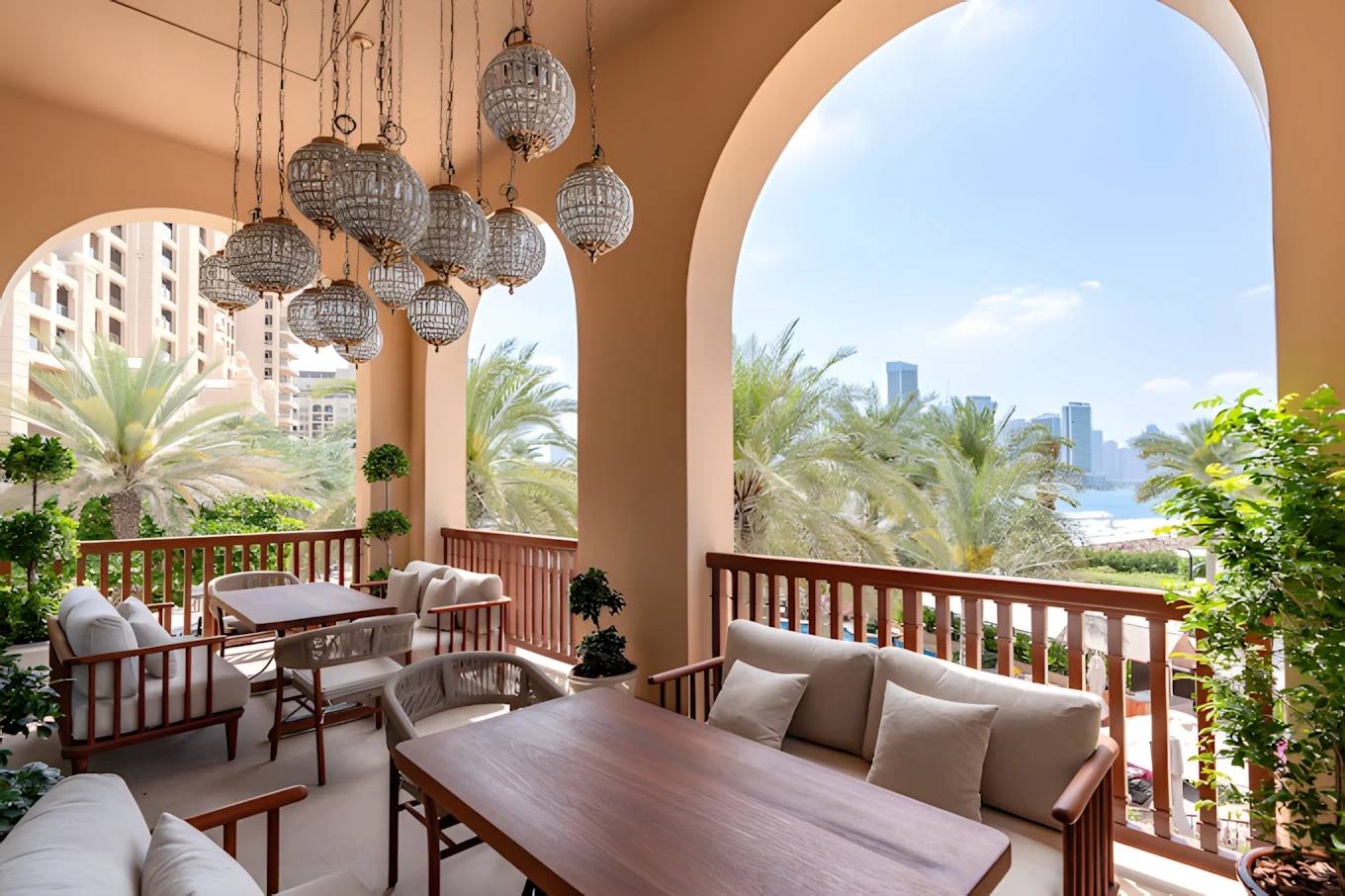 Elegant terrace at Grand Zor Restaurant Dubai with city skyline view.