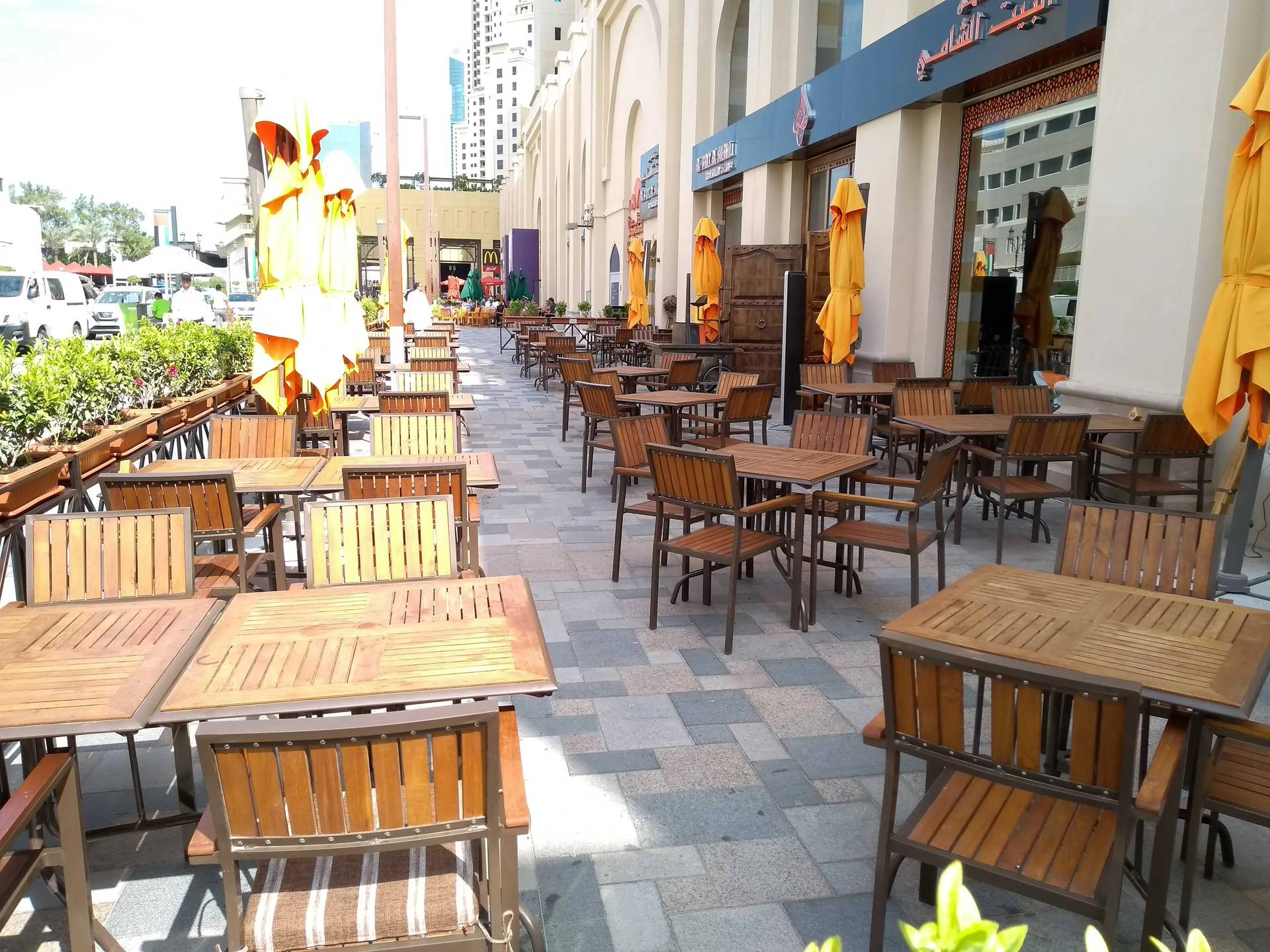 Outdoor seating at Al Bait Al Shami Restaurant, Dubai.