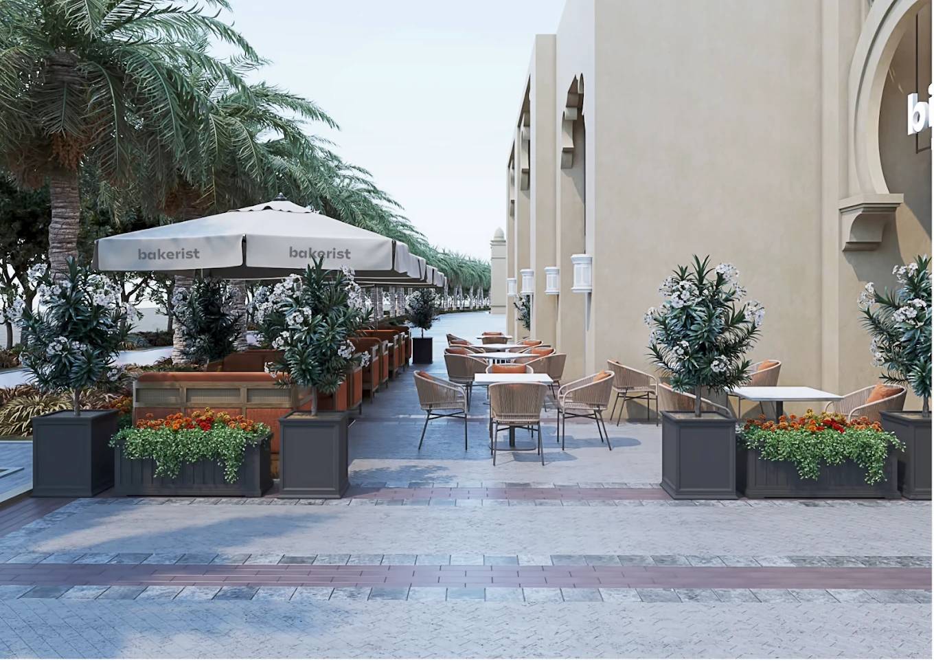 Shaded patio seating at Bakerist, Palm Jumeirah, Dubai.