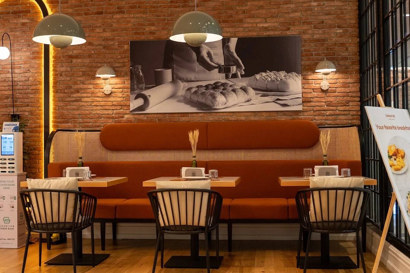 Cozy seating at Bakerist The Palm Jumeirah, Dubai with warm lighting.