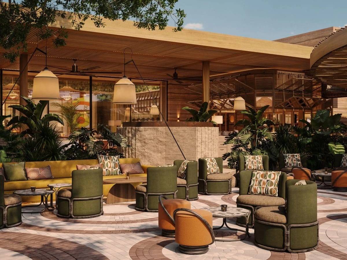 Outdoor seating area at Baoli Restaurant Dubai with modern decor.