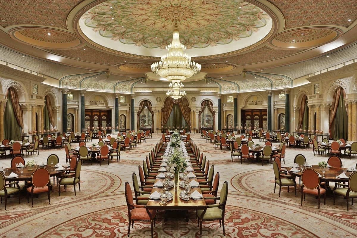 Elegant ballroom at The Ritz Carlton Riyadh with chandeliers.