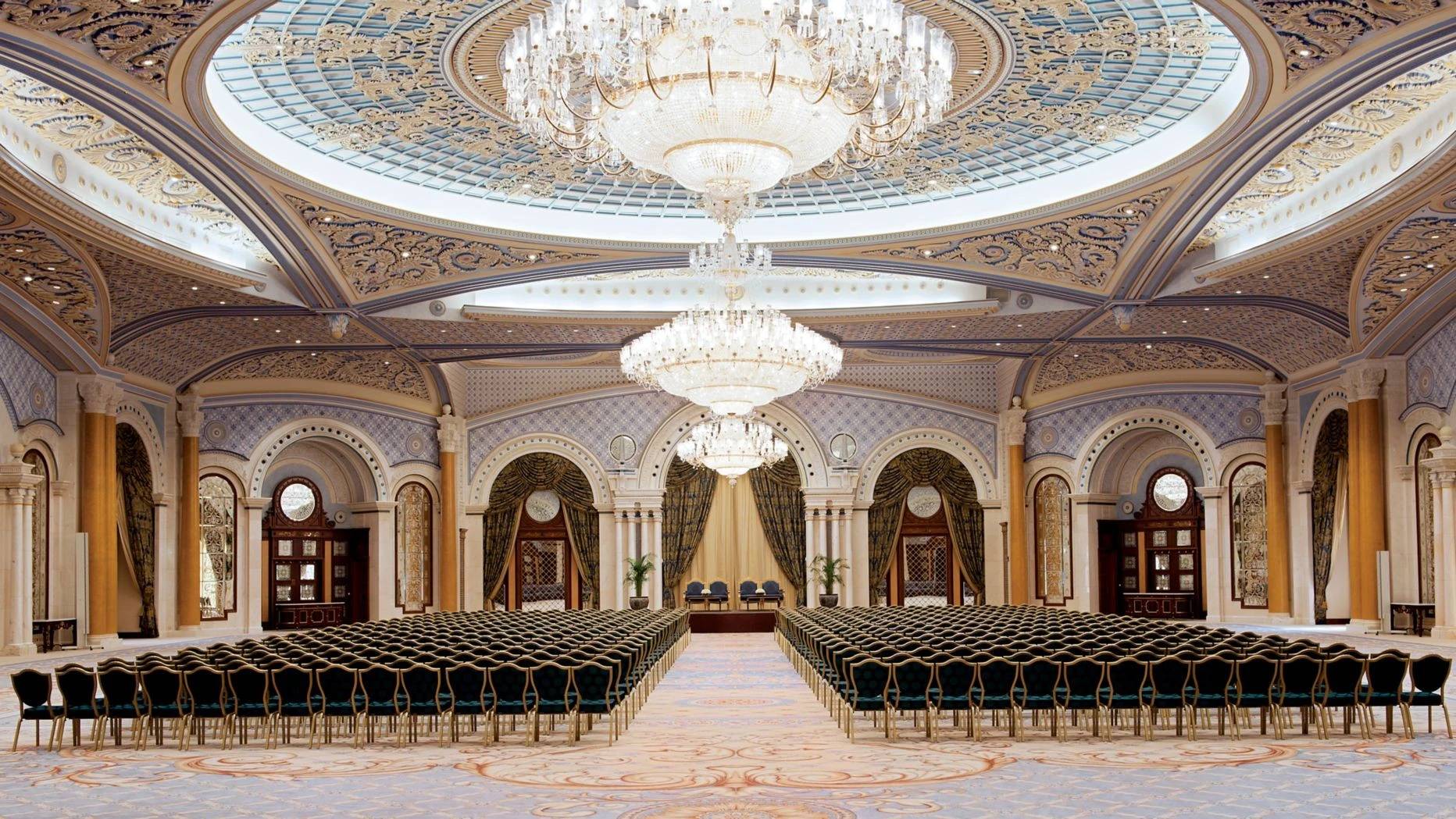 Elegant ballroom with chandeliers at The Ritz Carlton Riyadh.