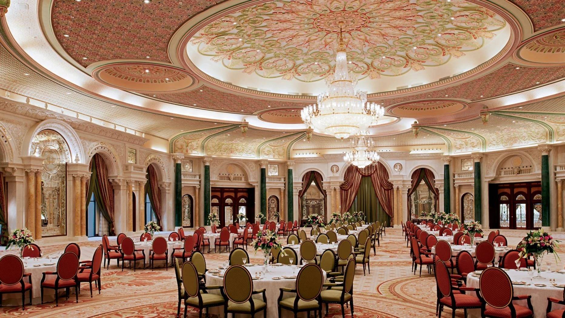 Ornate ballroom with floral decor at The Ritz Carlton Riyadh.