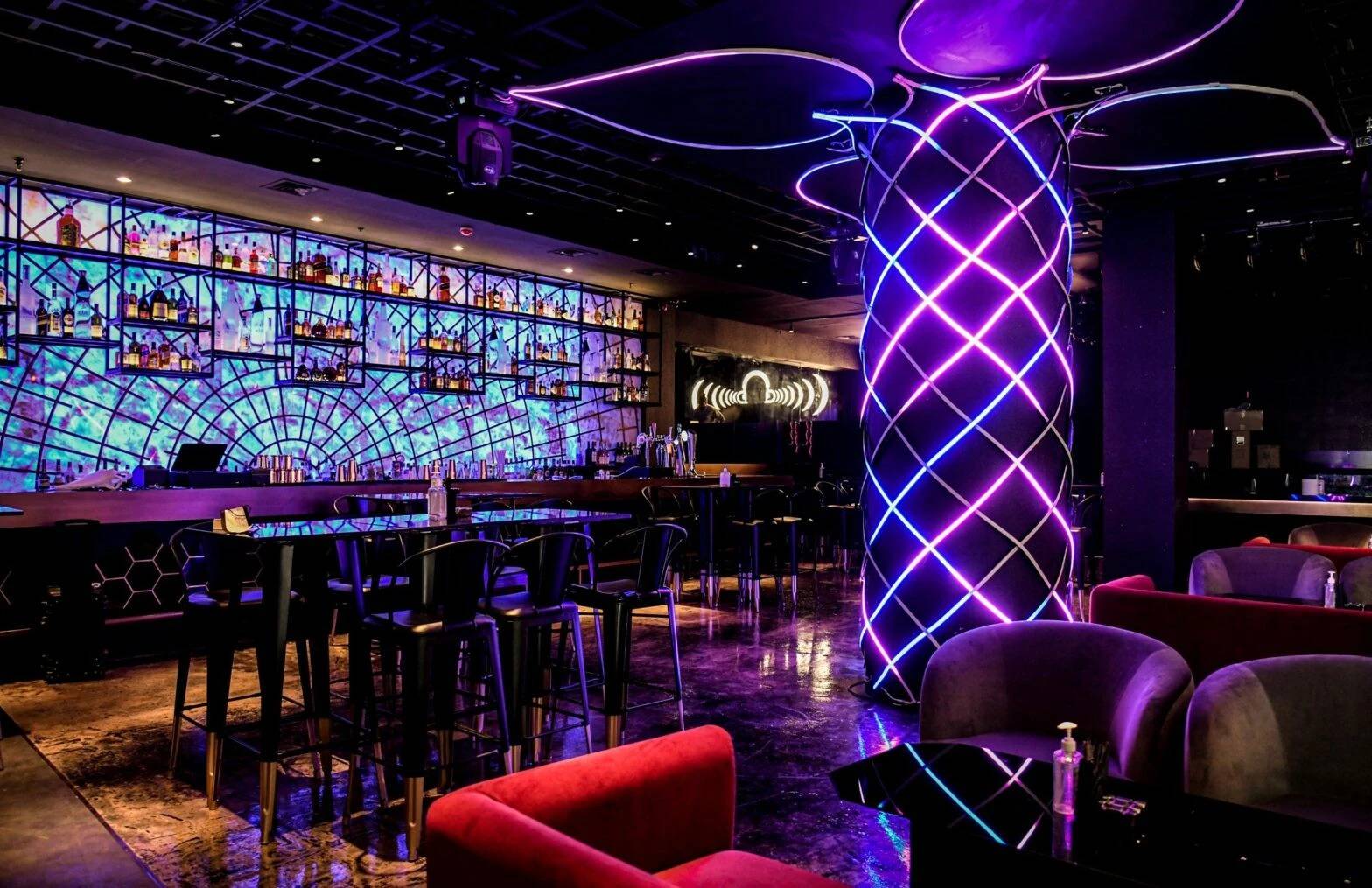 Colorful interior of Vice Night Club, Downtown Dubai.