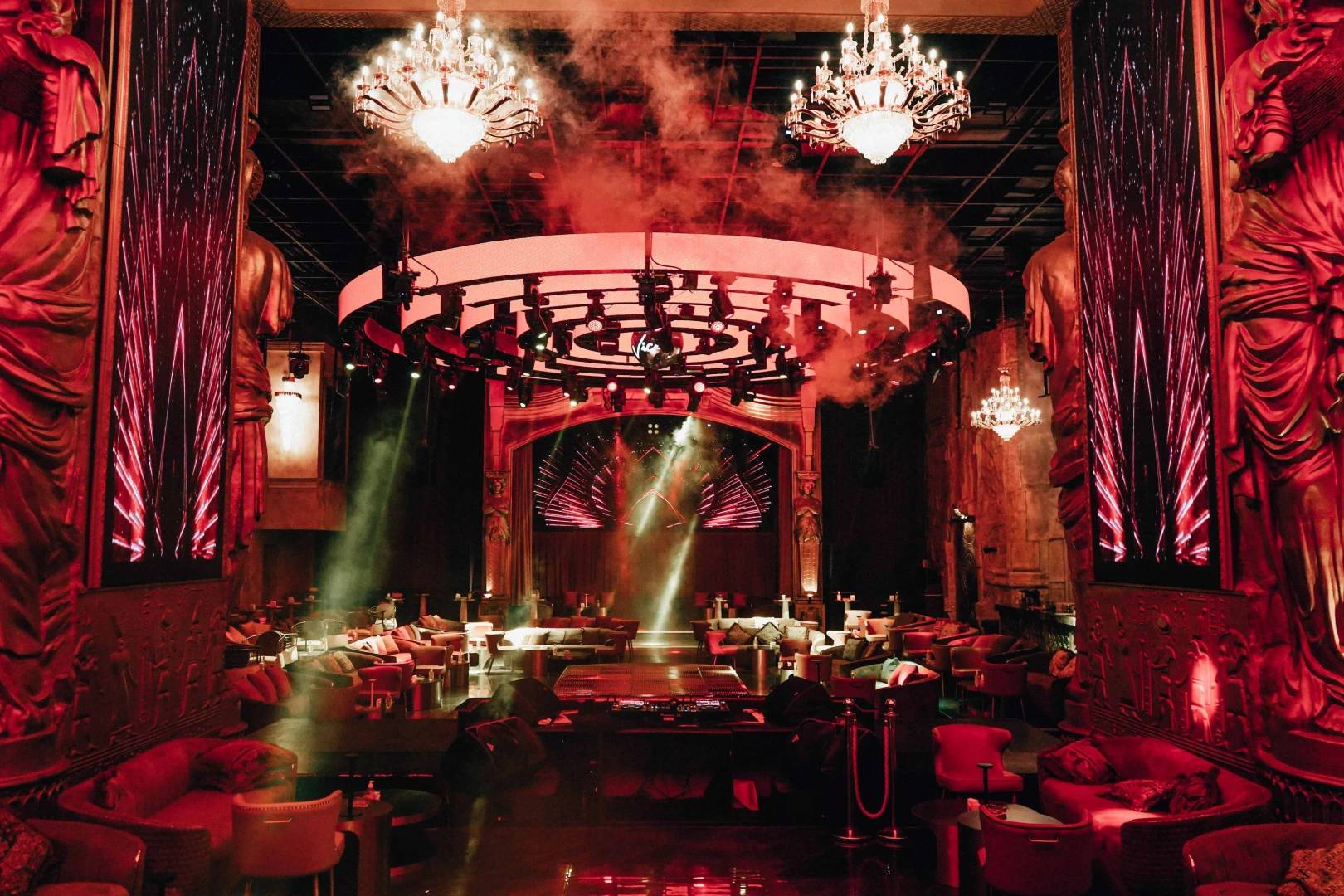Luxurious interior of Vice Night Club Downtown Dubai with chandeliers.