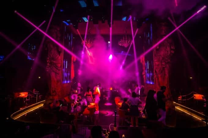 Vibrant nightlife at Vice Night Club Downtown Dubai with colorful lights.