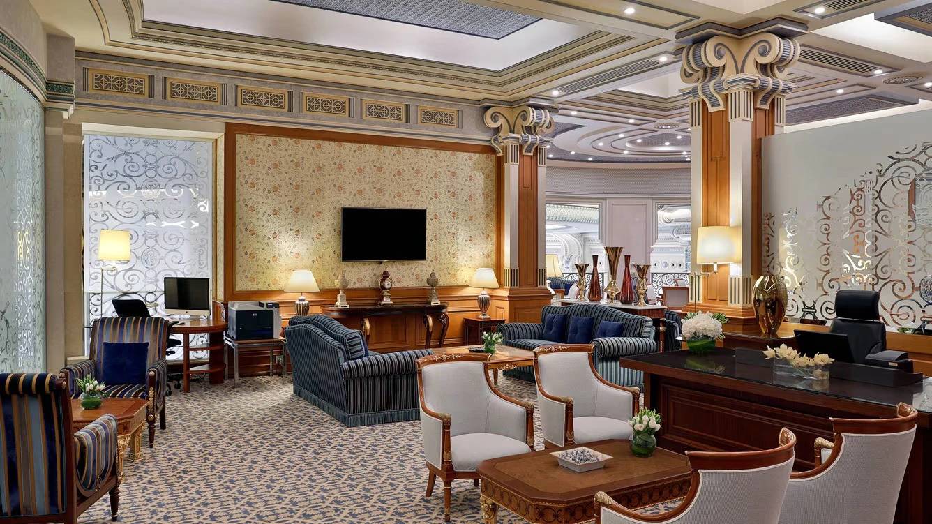 Elegant lounge at The Ritz Carlton Riyadh with luxurious seating.