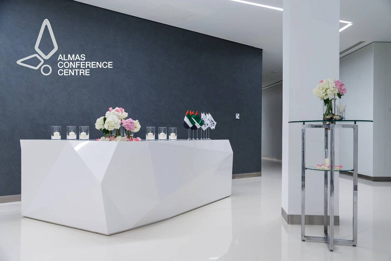 Modern reception area at Almas Conference Centre, Dubai.
