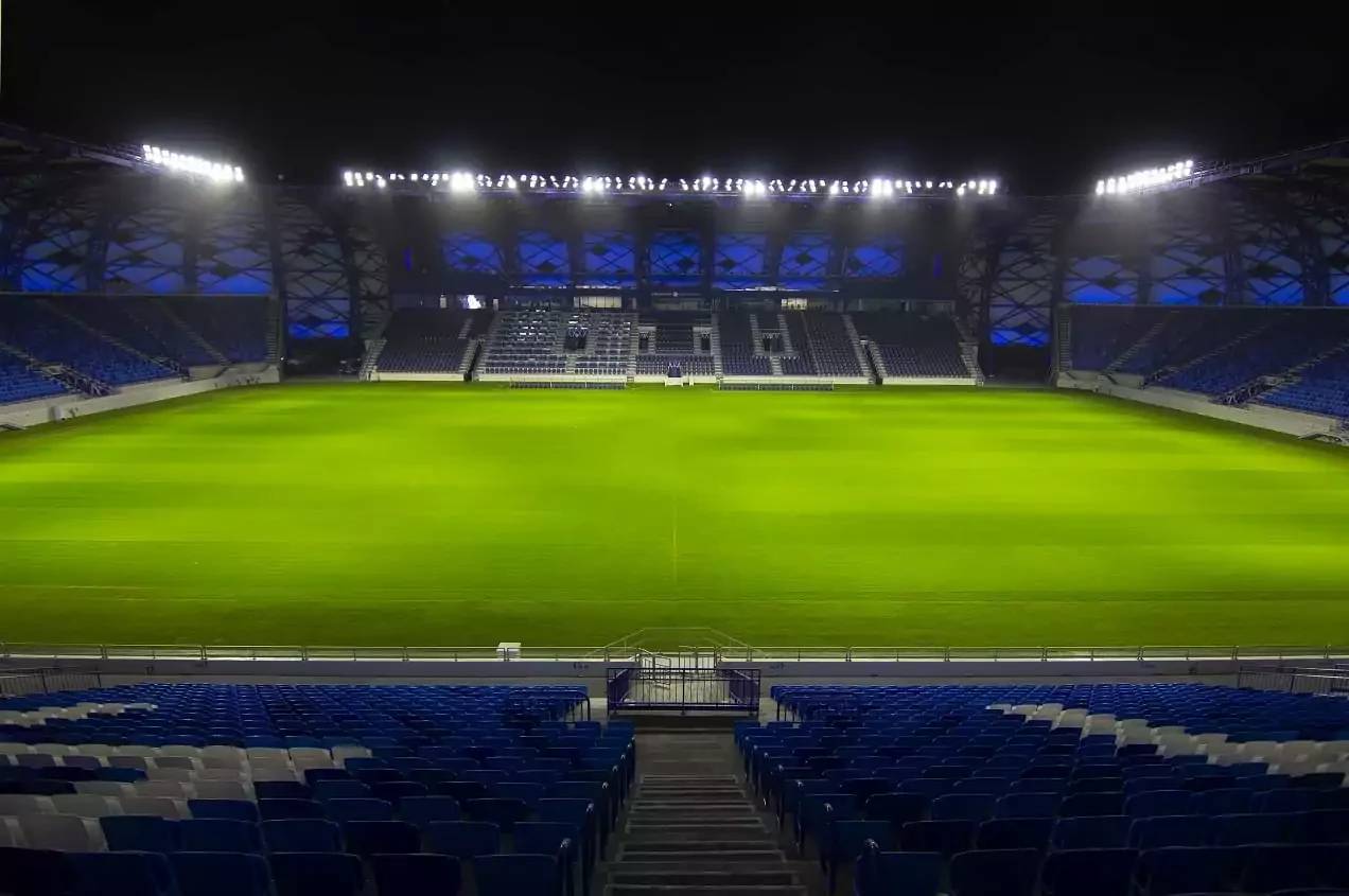 Al Nasr Al Maktoum Stadium in Dubai, empty at night.