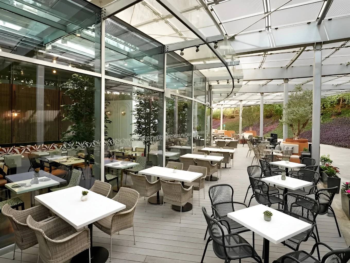 Glass-roofed patio with wicker chairs at Twisted Olive, Doha.