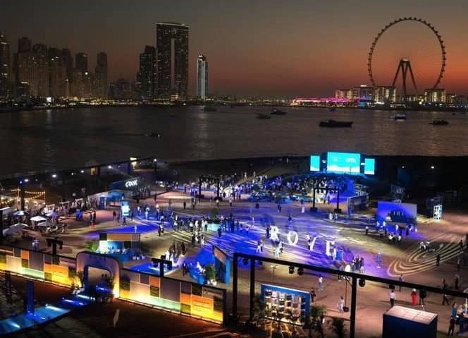 Evening event space with city skyline at Skydive Dubai, Dubai, UAE