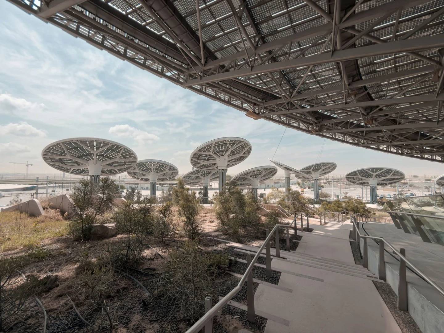 Futuristic solar panel structures at Terra, Expo City Dubai, Dubai, UAE