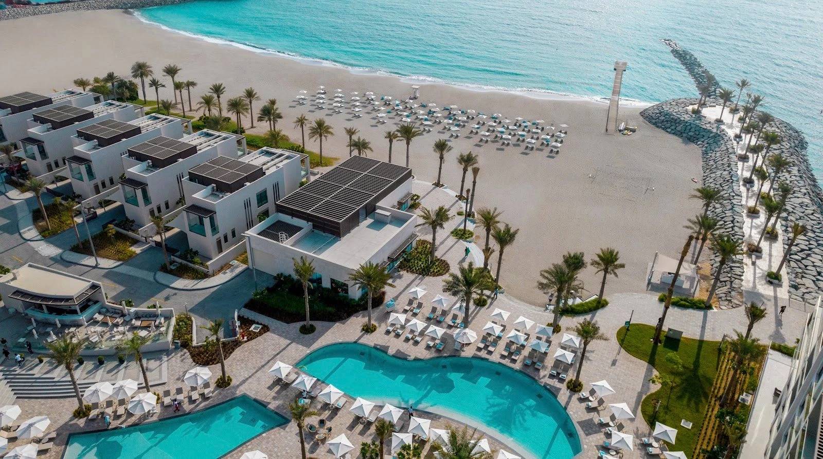 Aerial view of pool and beach at Address Beach Resort Fujairah, UAE.