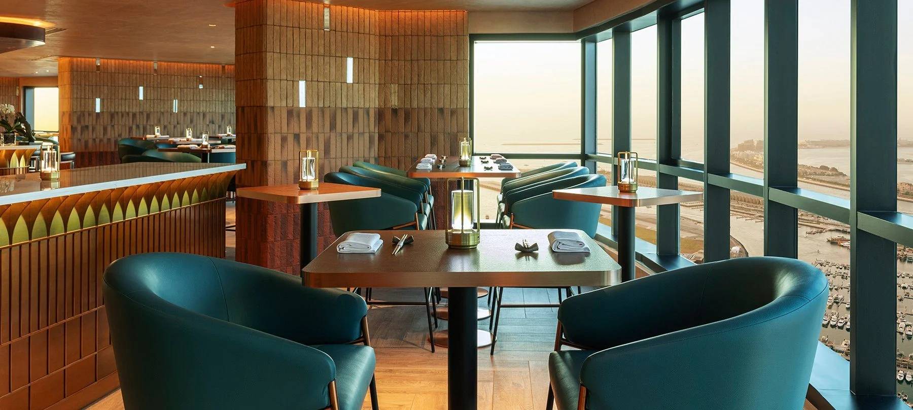 Elegant seating area with ocean view at Observatory Lounge, Dubai, UAE