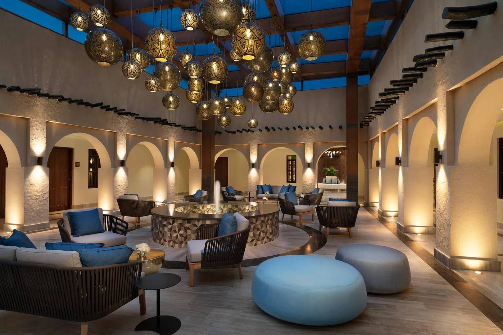 Elegant seating area with lanterns at Souq Al Wakra Hotel, Doha, QATAR.