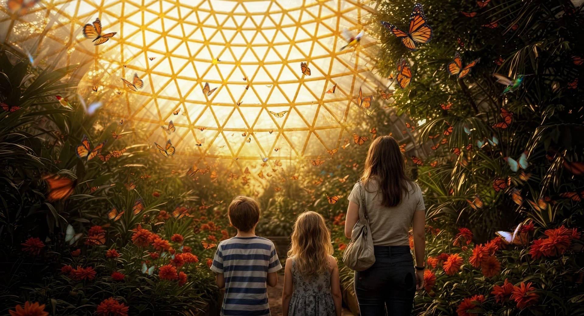 Family observing butterflies in lush garden at The Butterfly Gardens Abu Dhabi, UAE