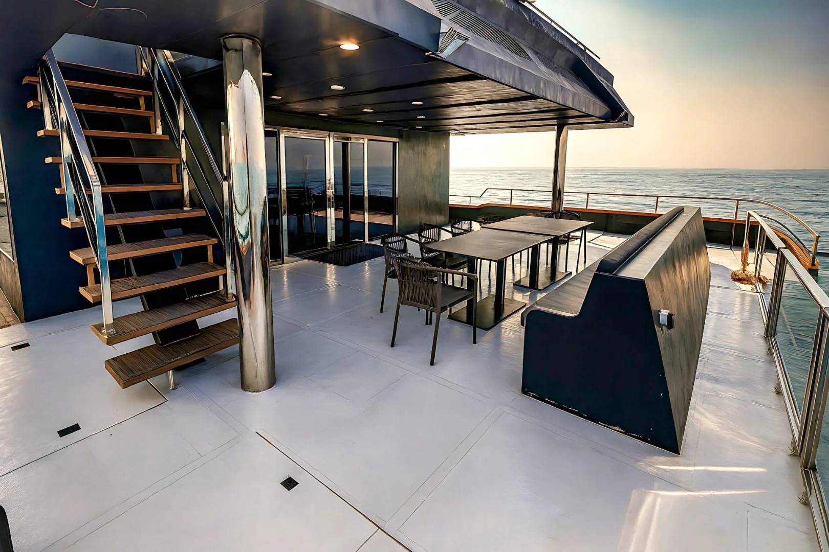 Outdoor deck with seating and stairs at Royal Rave Yacht, Dubai, UAE