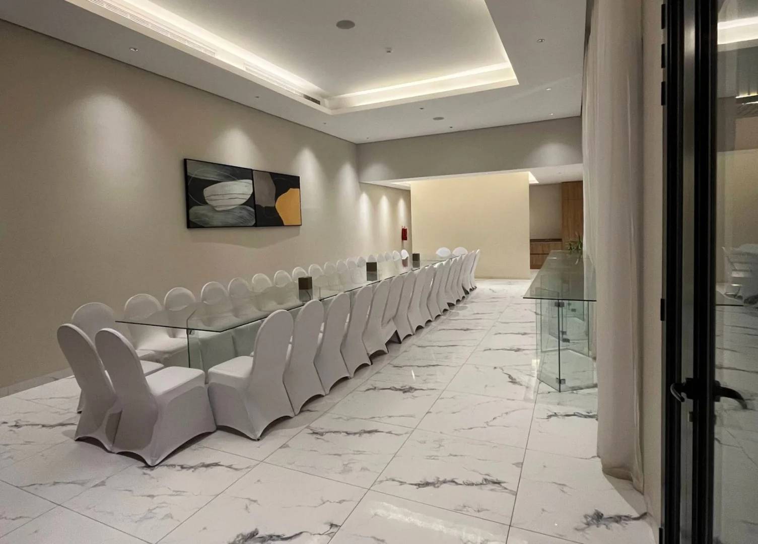 Elegant conference room with long table at Suknai Resort Riyadh, Saudi Arabia
