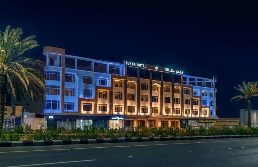 Illuminated exterior of Sukani Royal Hotel Hail, Hail, Saudi Arabia at night