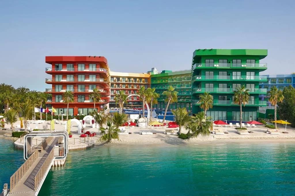 Colorful beachfront buildings at Voco Dubai Nice The Heart of Europe by IHG, Dubai.