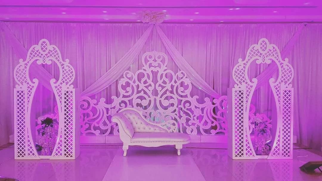 Elegant stage setup with ornate decor at Sadeem Celebrations Hall Abha, Saudi Arabia