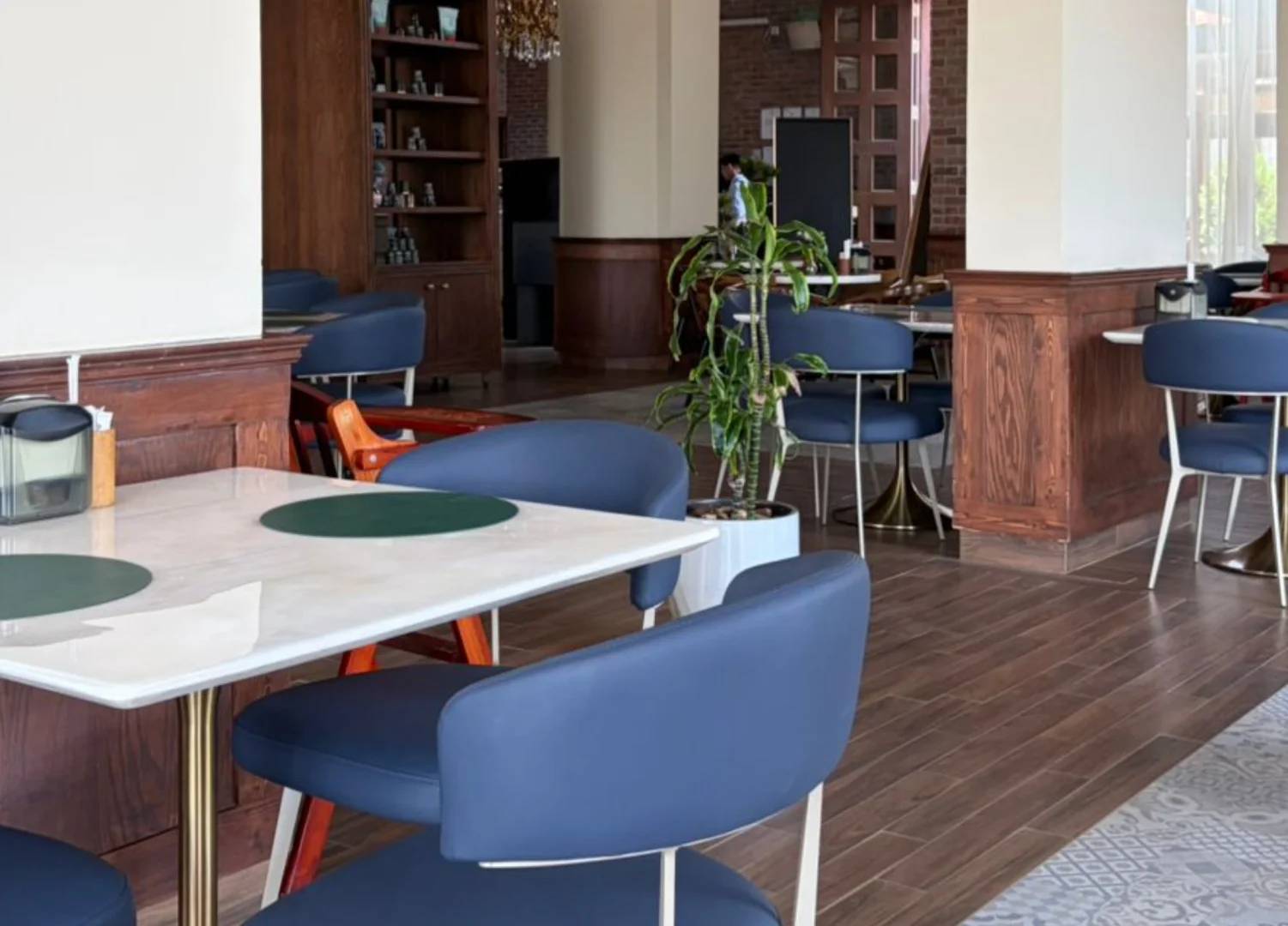 Elegant dining area with blue chairs at Soul Restaurant Al Bahah, Al Bahah, Saudi Arabia