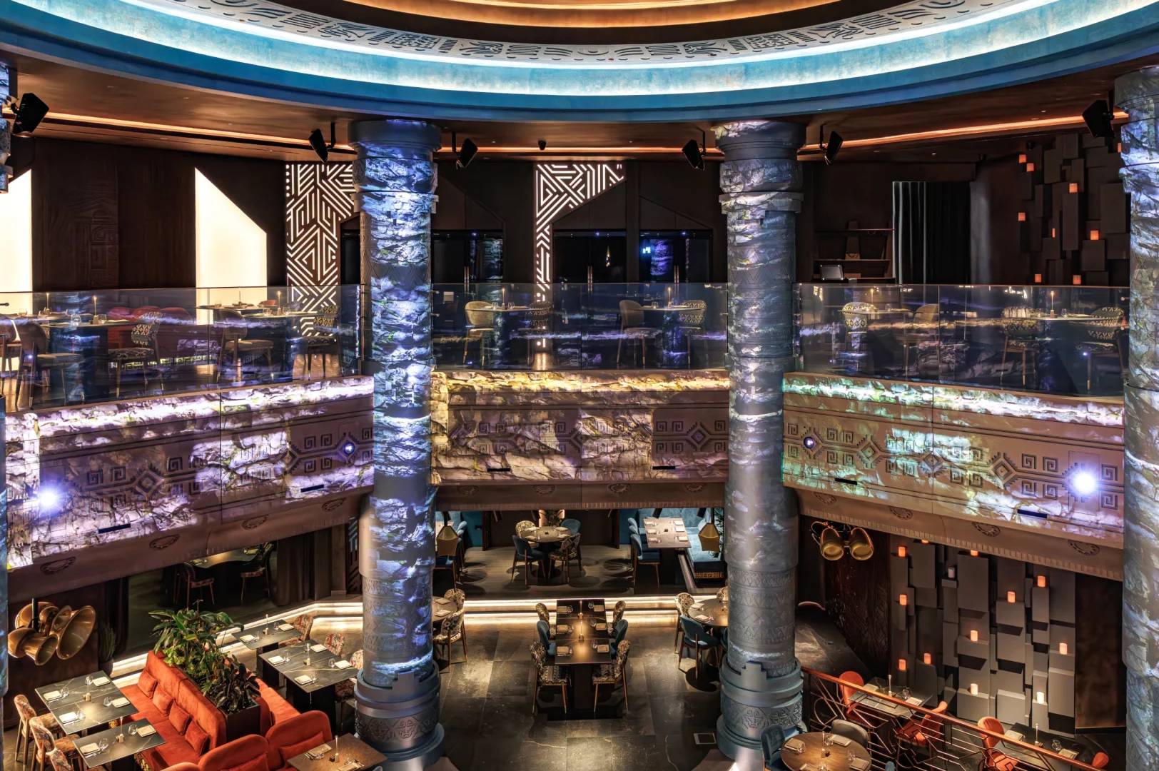 Elegant interior with columns and seating at AMARU Dubai, Dubai, UAE.